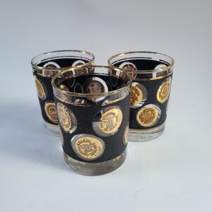 3 Mid-century Modern Libbey Old Fashioned Glasses Gold Coins Pebbled Black